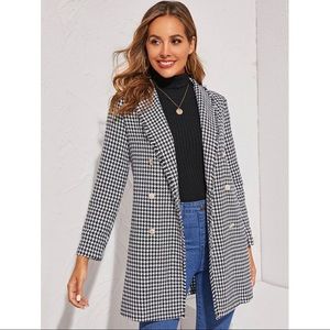 SHEIN Raw Trim Double Breasted Houndstooth Coat